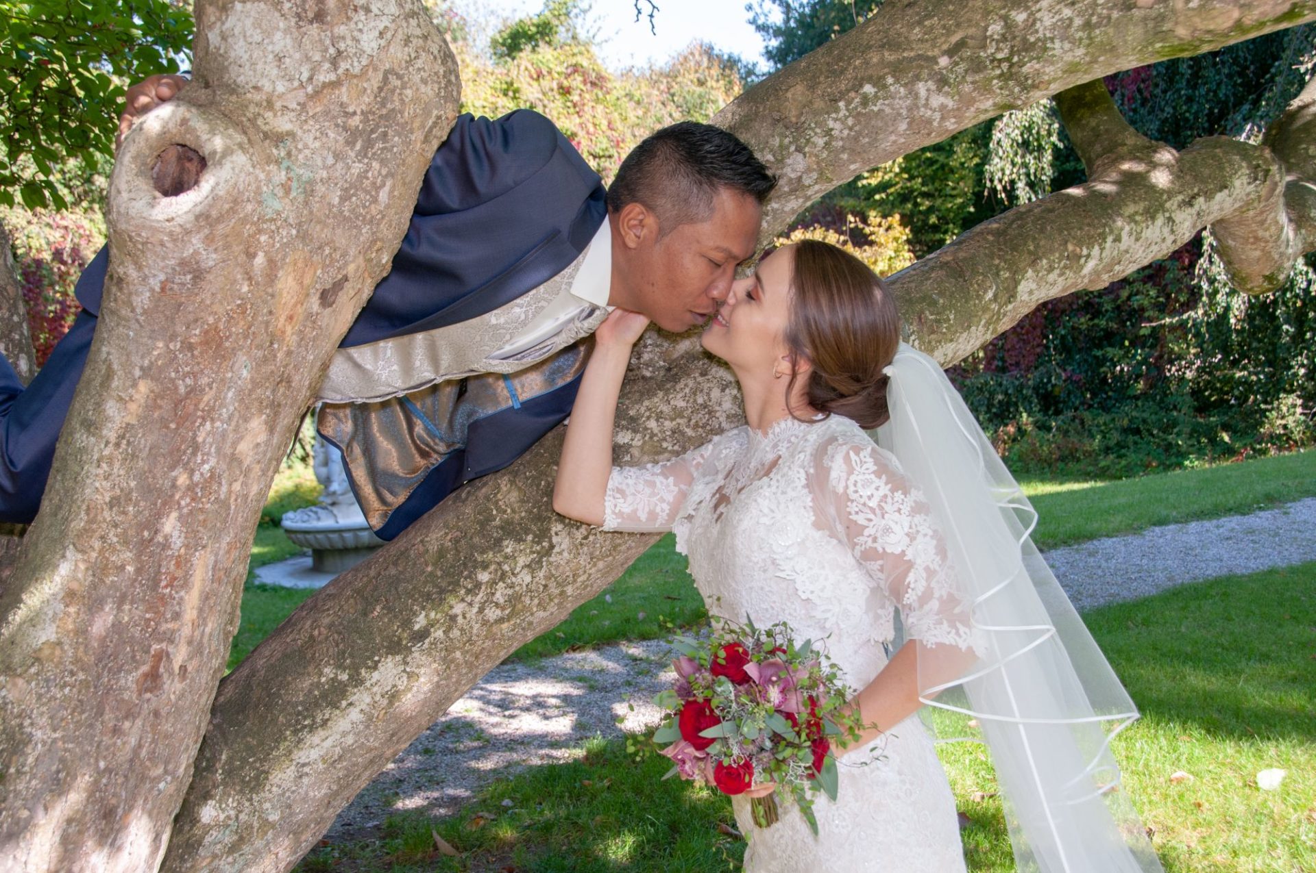 Braut küsst Ehemann auf Baum